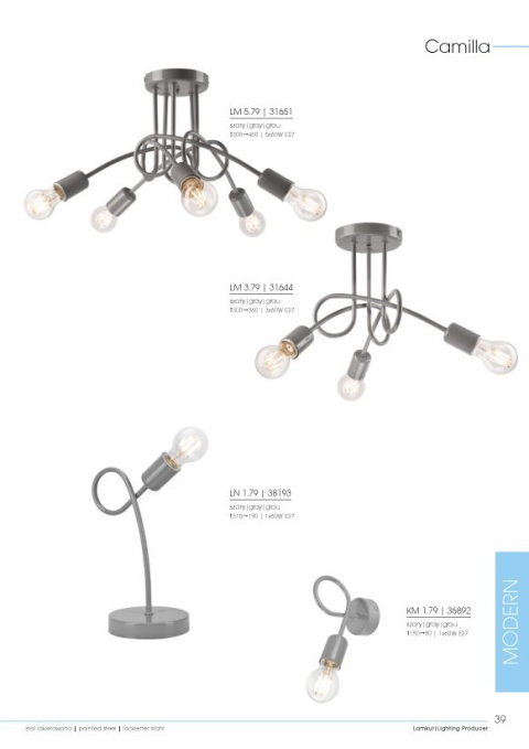 Nowoczesna lampa sufitowa CAMILLA w stylu loft - kolor szary Nowoczesna lampa sufitowa CAMILLA w stylu loft - kolor szary